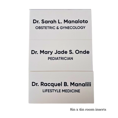 Three white rectangular doctor name cards stacked vertically on a white background, with black printed text showing physician names and specialties. Small text below reads '8in x 4in room inserts'.